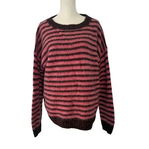 J.Crew Womens Pink Brown Striped 100% Wool Sweater Elbow Patches Medium